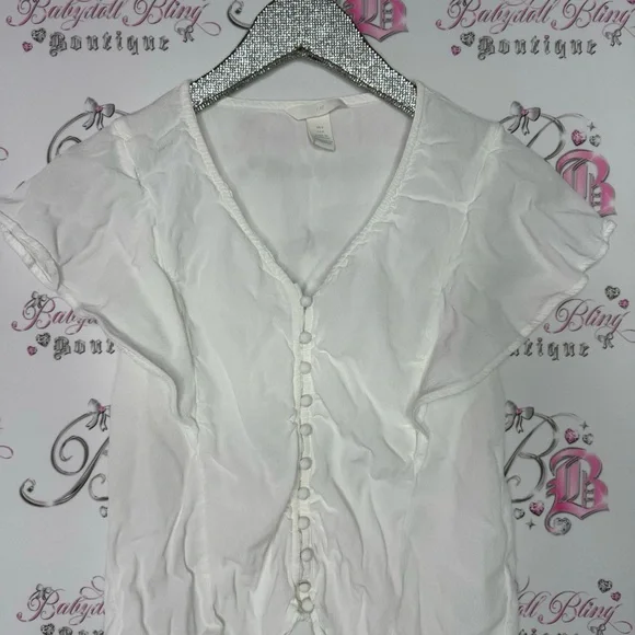 H&M blouse white cream button down style linen type shirt top cute cottagecore - Picture 3 of 7